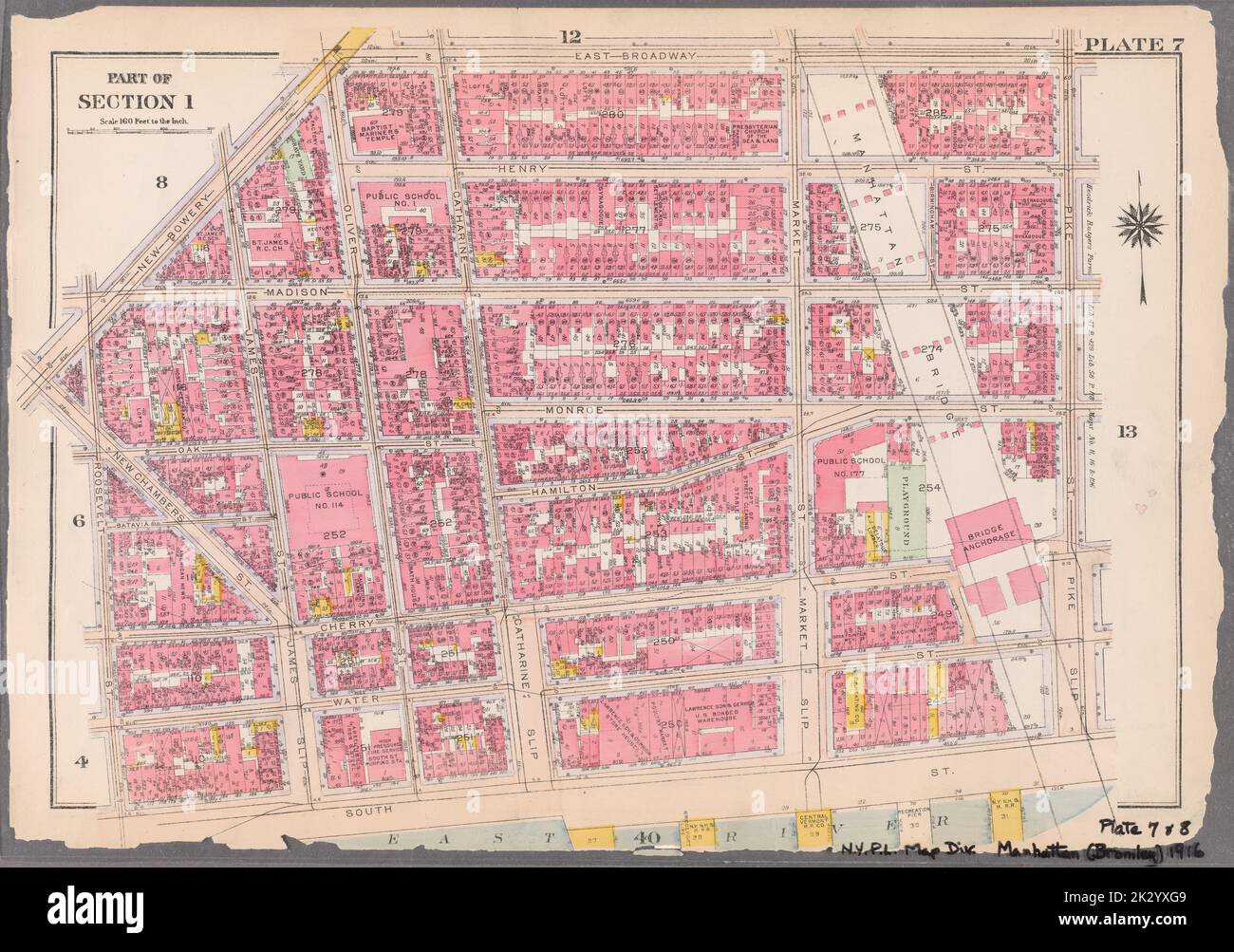 Cartographic, Maps. 1916. Lionel Pincus and Princess Firyal Map Division. Atlases, Manhattan (New York, N.Y.), Real property , New York (State) , New York Plate 7 : Bounded by East Broadway, Pike Street, South Street, Roosevelt Street, New Chambers Street, and New Bowery Street Part of Section 1 Stock Photo