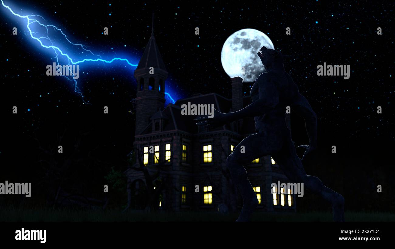 Illustration of a werewolf during the full moon near a house in the ...
