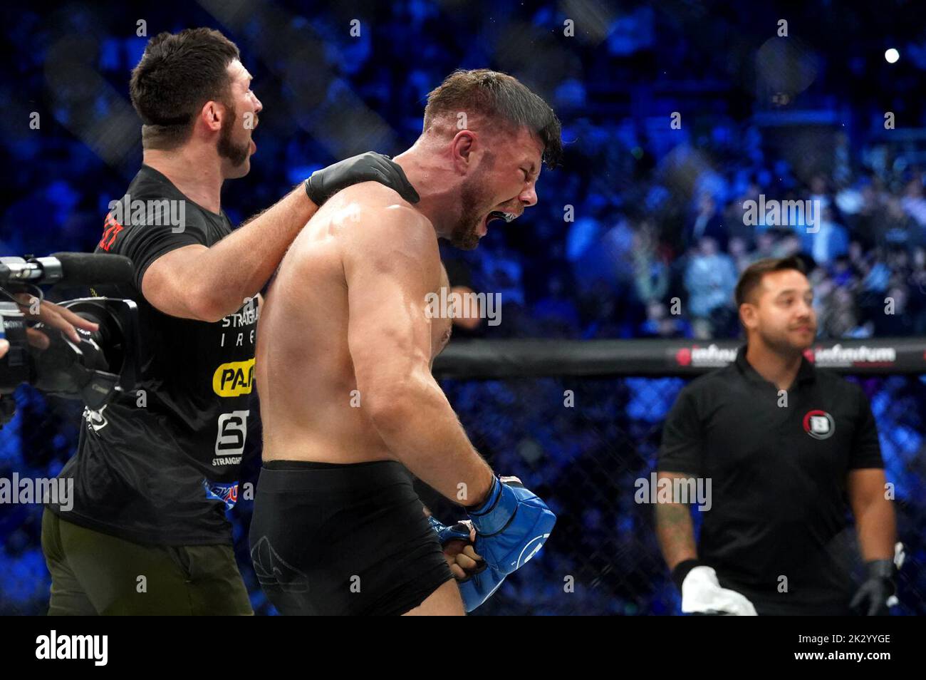 Karl Moore celebrates his victory over Karl Albrektsson after their Light Heavyweight bout during Bellator 385 at the 3 Arena, Dublin. Picture date: Friday September 23, 2022. Stock Photo