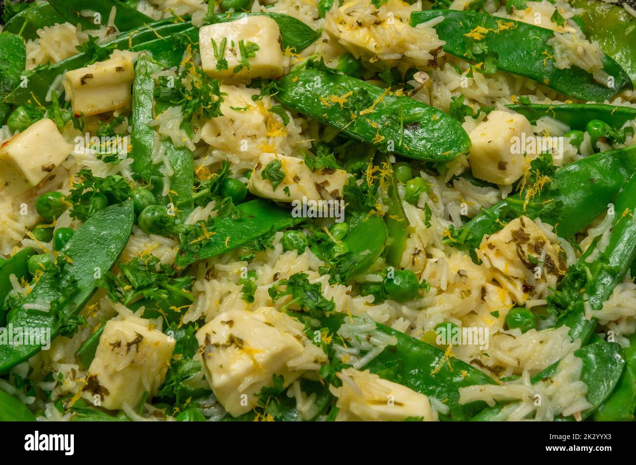 Herby paneer baked rice close up Stock Photo
