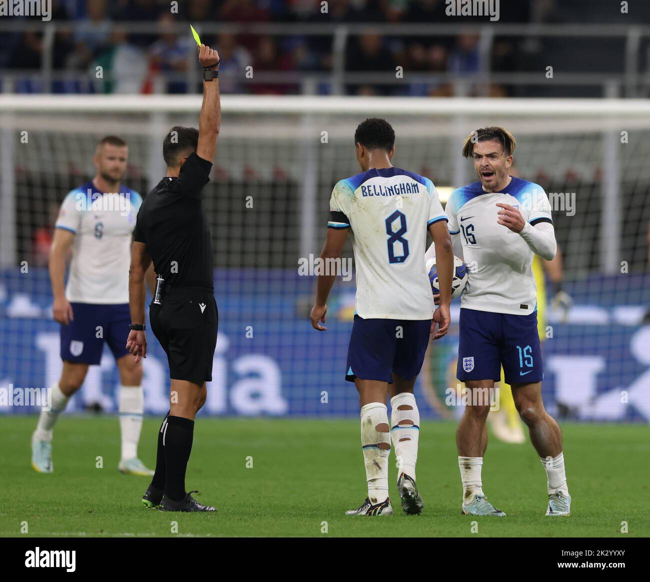 Milan, Italy, 23rd September 2022.  Jack Grealish of England receives a yellow card meaning he will miss the Germany match during the UEFA Nations League match at Stadio Giuseppe Meazza, Milan. Picture credit should read: Jonathan Moscrop / Sportimage Credit: Sportimage/Alamy Live News Stock Photo