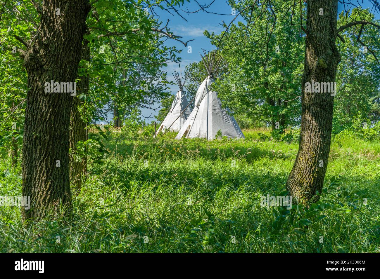 Native American Tipi tents at Blue Mounds State Park, Minnesota Stock Photo