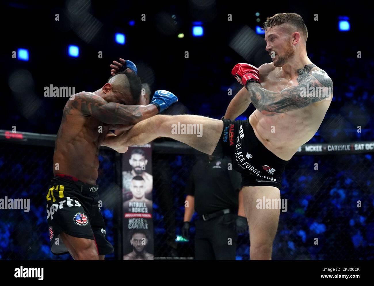 Brian Moore (right) and Arivaldo Lima da Silva in action during their Bantamweight bout during Bellator 385 at the 3 Arena, Dublin. Picture date: Friday September 23, 2022. Stock Photo