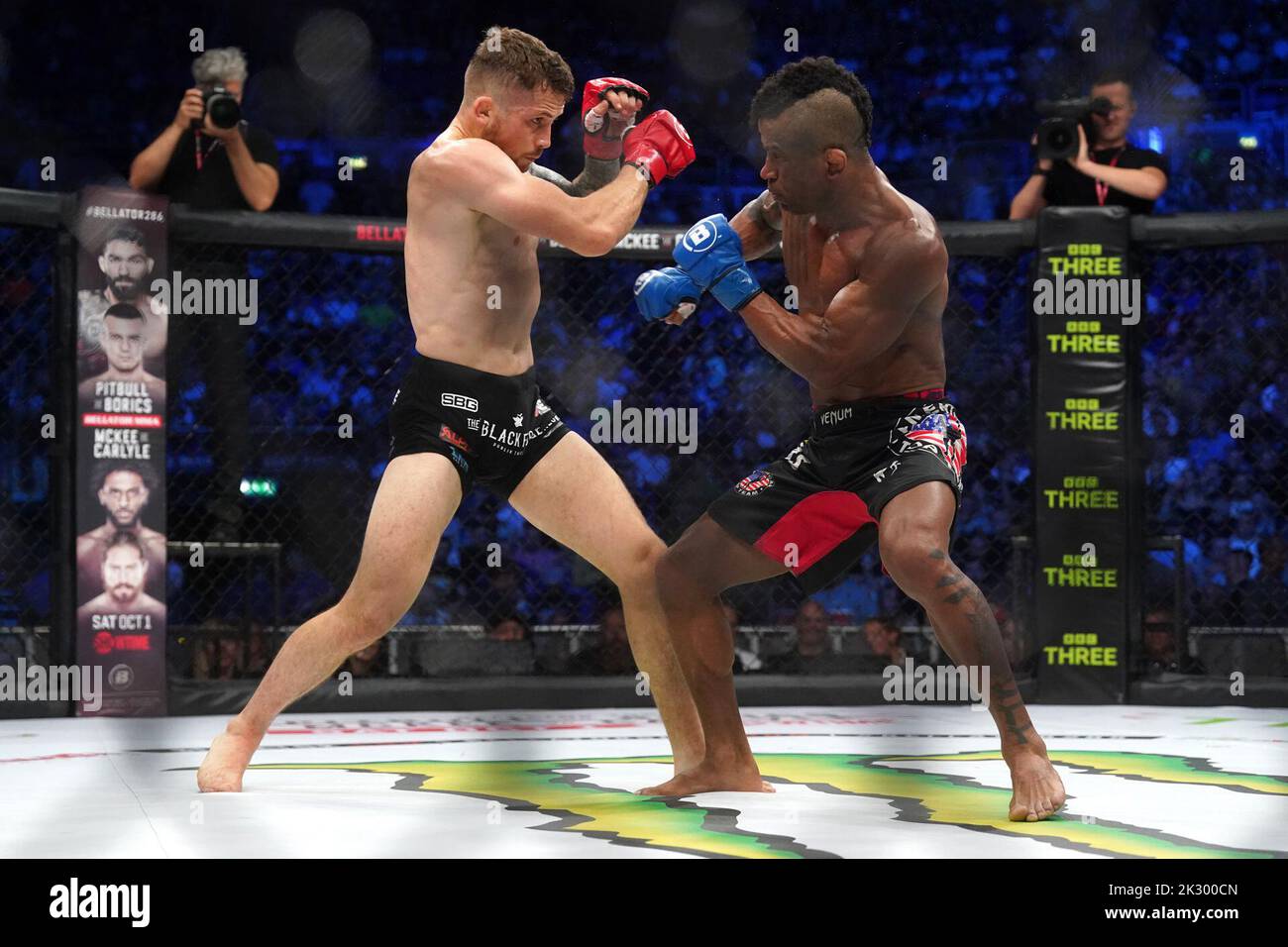 Brian Moore (left) and Arivaldo Lima da Silva in action during their Bantamweight bout during Bellator 385 at the 3 Arena, Dublin. Picture date: Friday September 23, 2022. Stock Photo