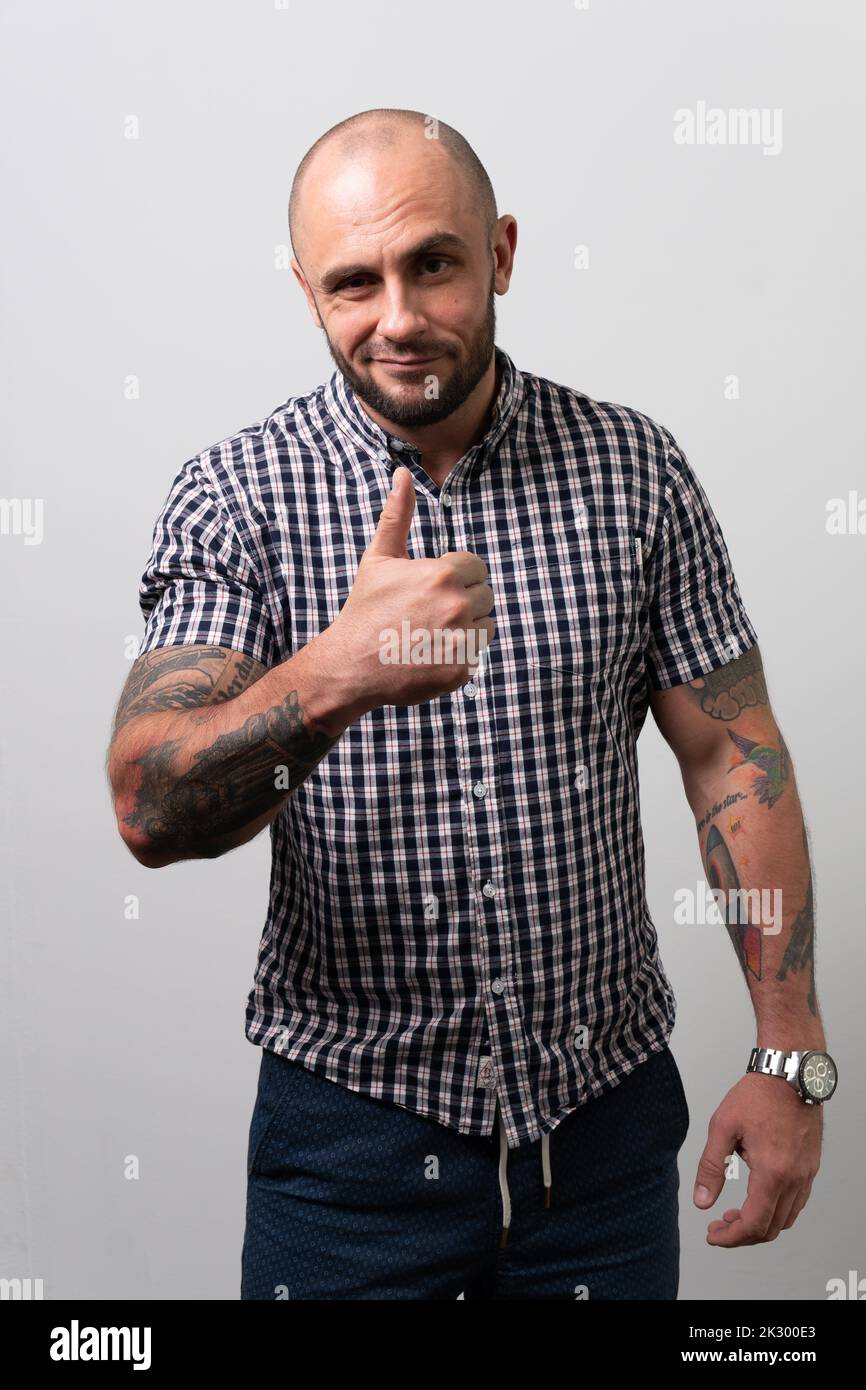 Cool model tattoo guy male fashion hipster trendy design, for blank young from tshirt and clothing isolated, caucasian sign. Beard street perfect, Stock Photo