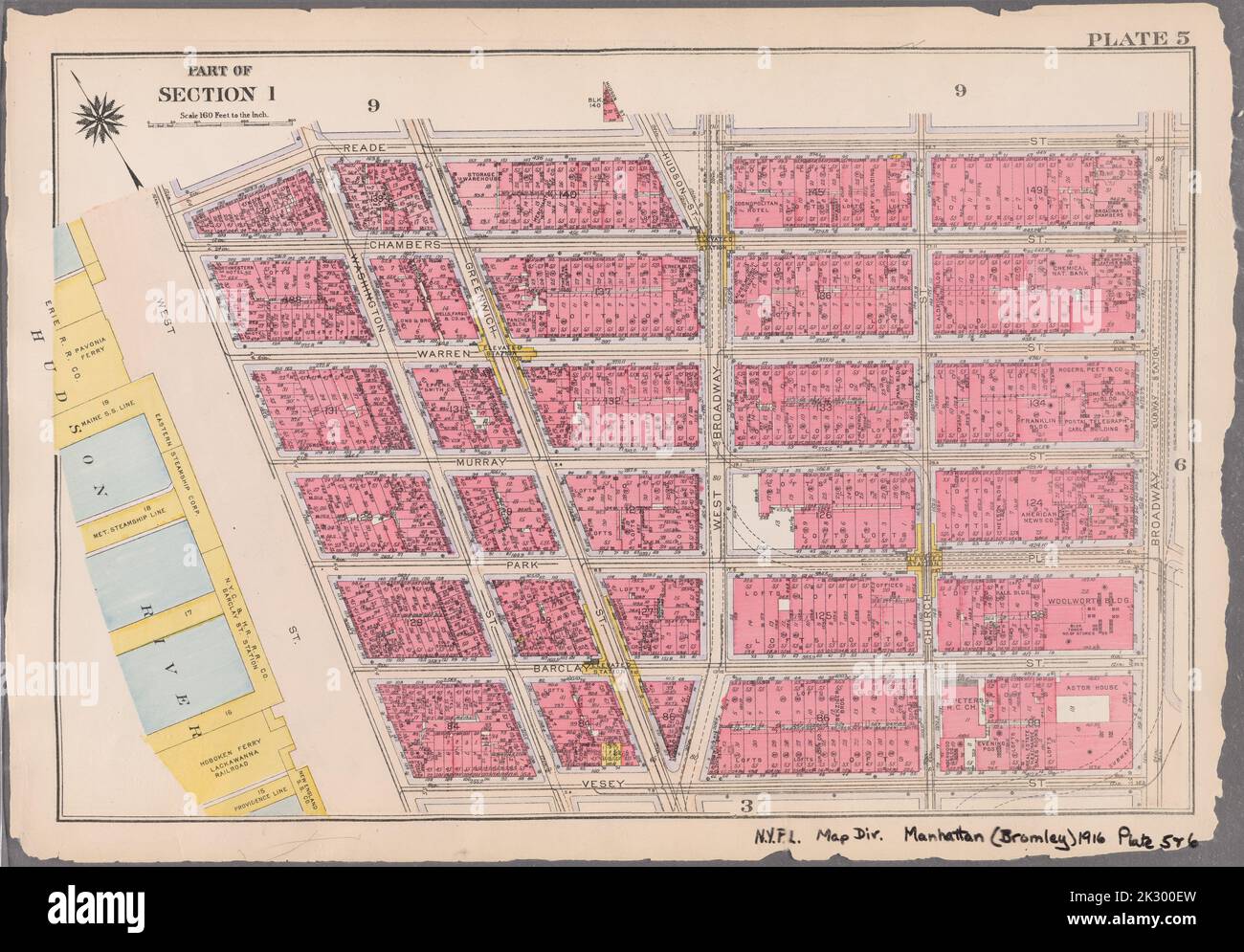 Cartographic, Maps. 1916. Lionel Pincus and Princess Firyal Map Division. Atlases, Manhattan (New York, N.Y.), Real property , New York (State) , New York Plate 5 : Bounded by Reade Street, Broadway, Vesey Street, and West Street Part of Section 1 Stock Photo