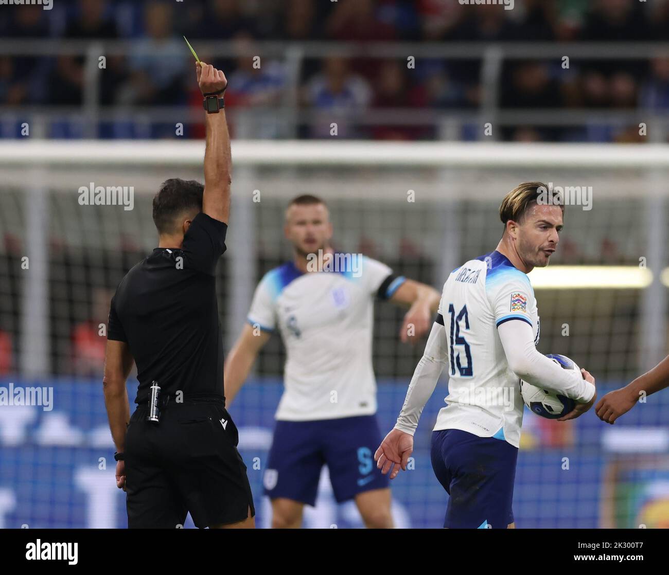 Milan, Italy, 23rd September 2022.  Jack Grealish of England reacts after receiving a yellow card meaning he will miss the Germany match during the UEFA Nations League match at Stadio Giuseppe Meazza, Milan. Picture credit should read: Jonathan Moscrop / Sportimage Credit: Sportimage/Alamy Live News Stock Photo