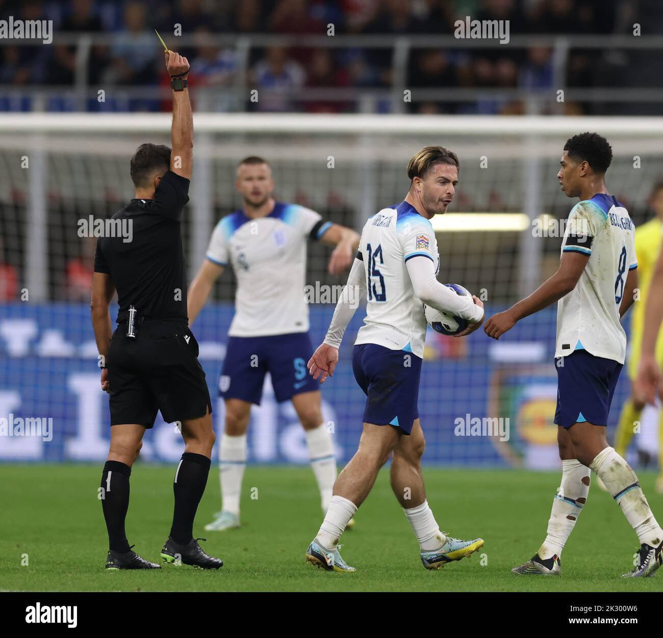Milan, Italy, 23rd September 2022.  Jack Grealish of England reacts after receiving a yellow card meaning he will miss the Germany match during the UEFA Nations League match at Stadio Giuseppe Meazza, Milan. Picture credit should read: Jonathan Moscrop / Sportimage Credit: Sportimage/Alamy Live News Stock Photo