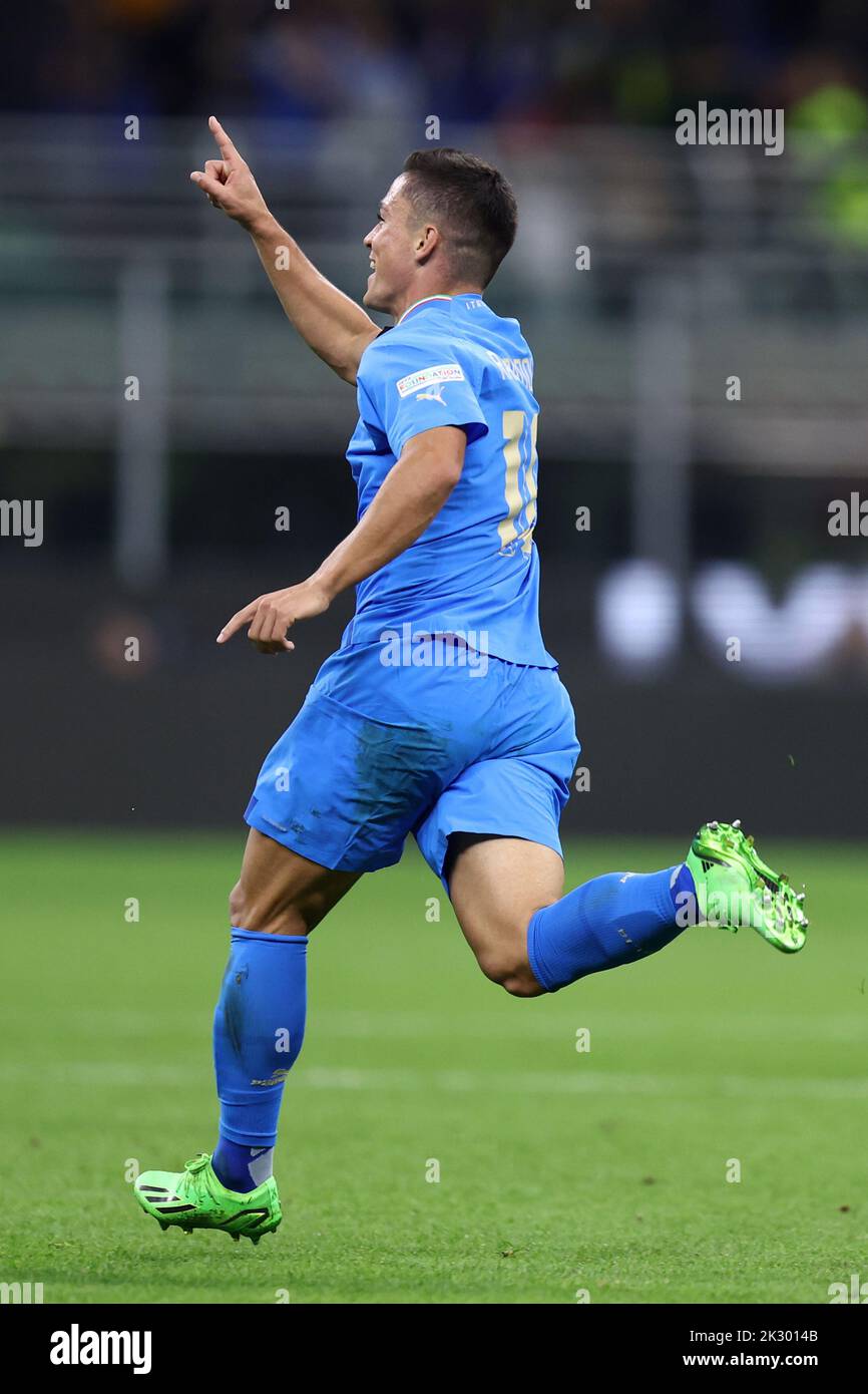 Milan, Italy. 23rd Sep, 2022. Giacomo Raspadori of Italy celebrates after scoring his team's first goal during the Uefa Nations League Group 3 match between Italy and England at Stadio Giuseppe Meazza on September 23, 2022 in Milano Italy . Credit: Marco Canoniero/Alamy Live News Stock Photo