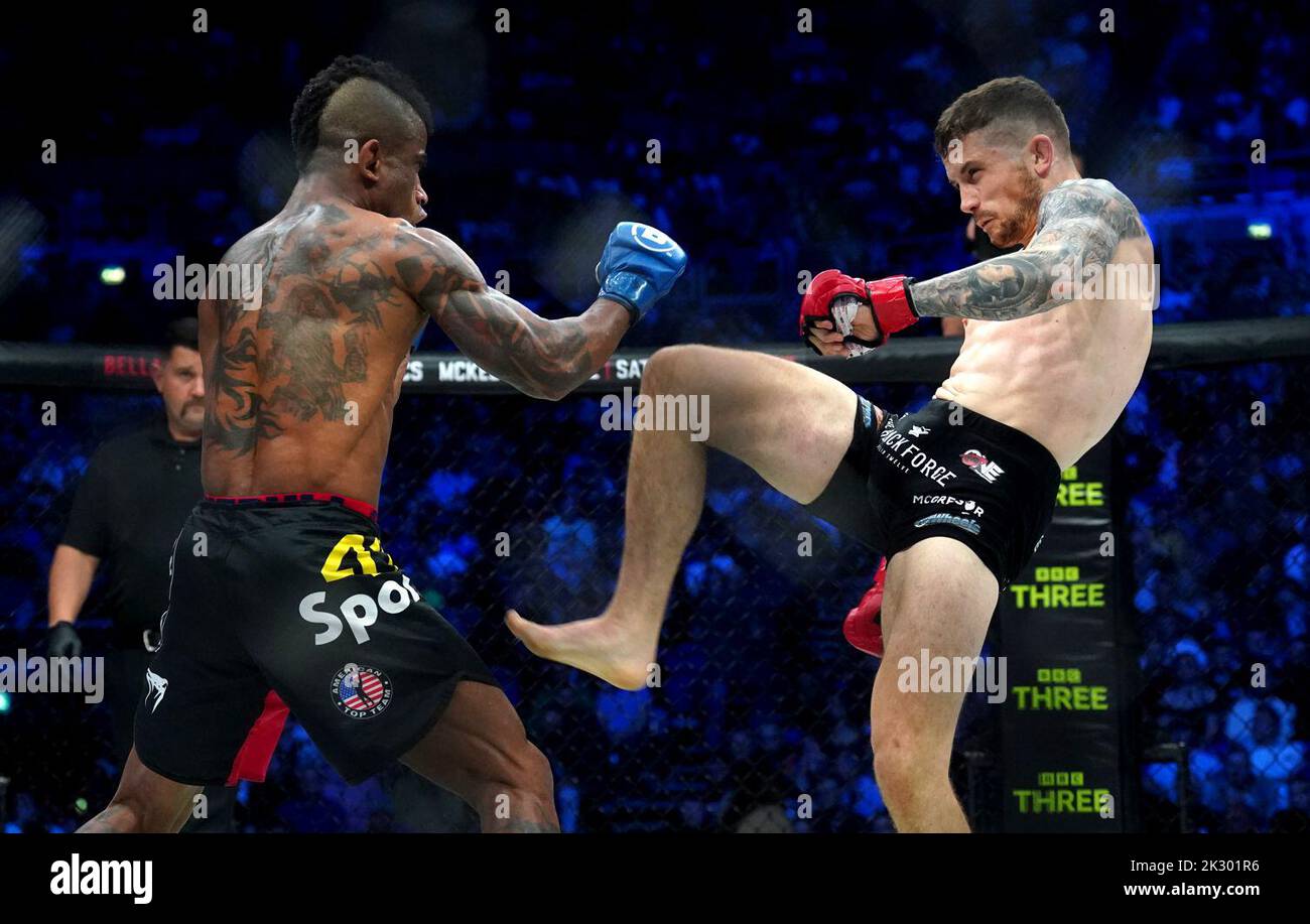 Brian Moore (right) and Arivaldo Lima da Silva in action during their Bantamweight bout during Bellator 385 at the 3 Arena, Dublin. Picture date: Friday September 23, 2022. Stock Photo