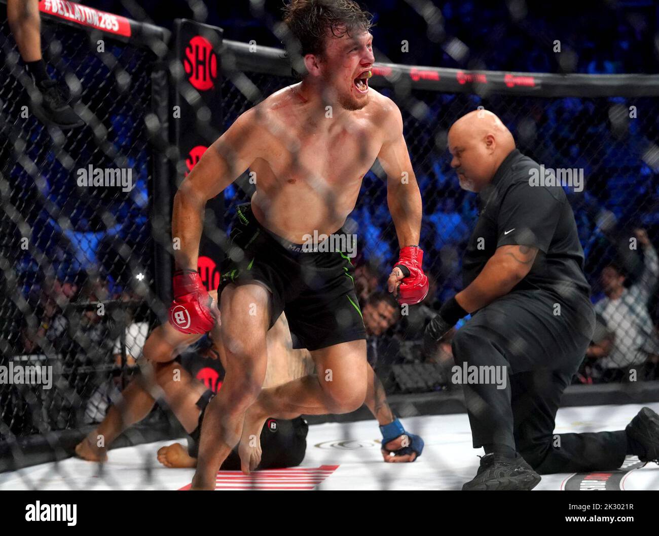 Ciaran Clarke celebrates beating Georges Sasu during their Featherweight bout during Bellator 385 at the 3 Arena, Dublin. Picture date: Friday September 23, 2022. Stock Photo