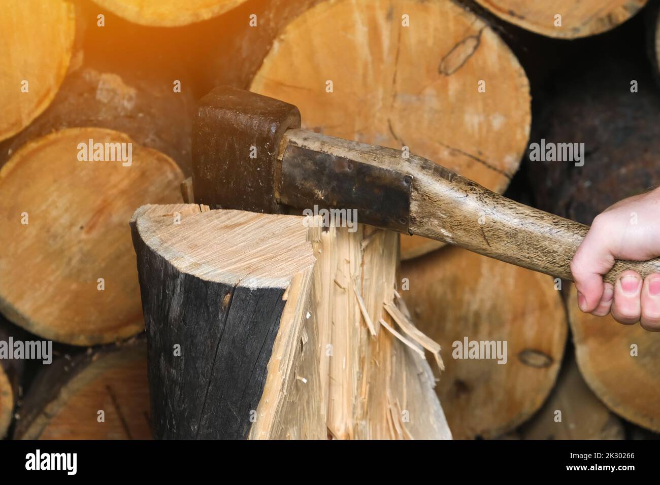 A man is chopping logs with an axe on chopping block. Harvesting of firewood stocks for heating. An alternative source of thermal energy instead of natural gas. Stock Photo