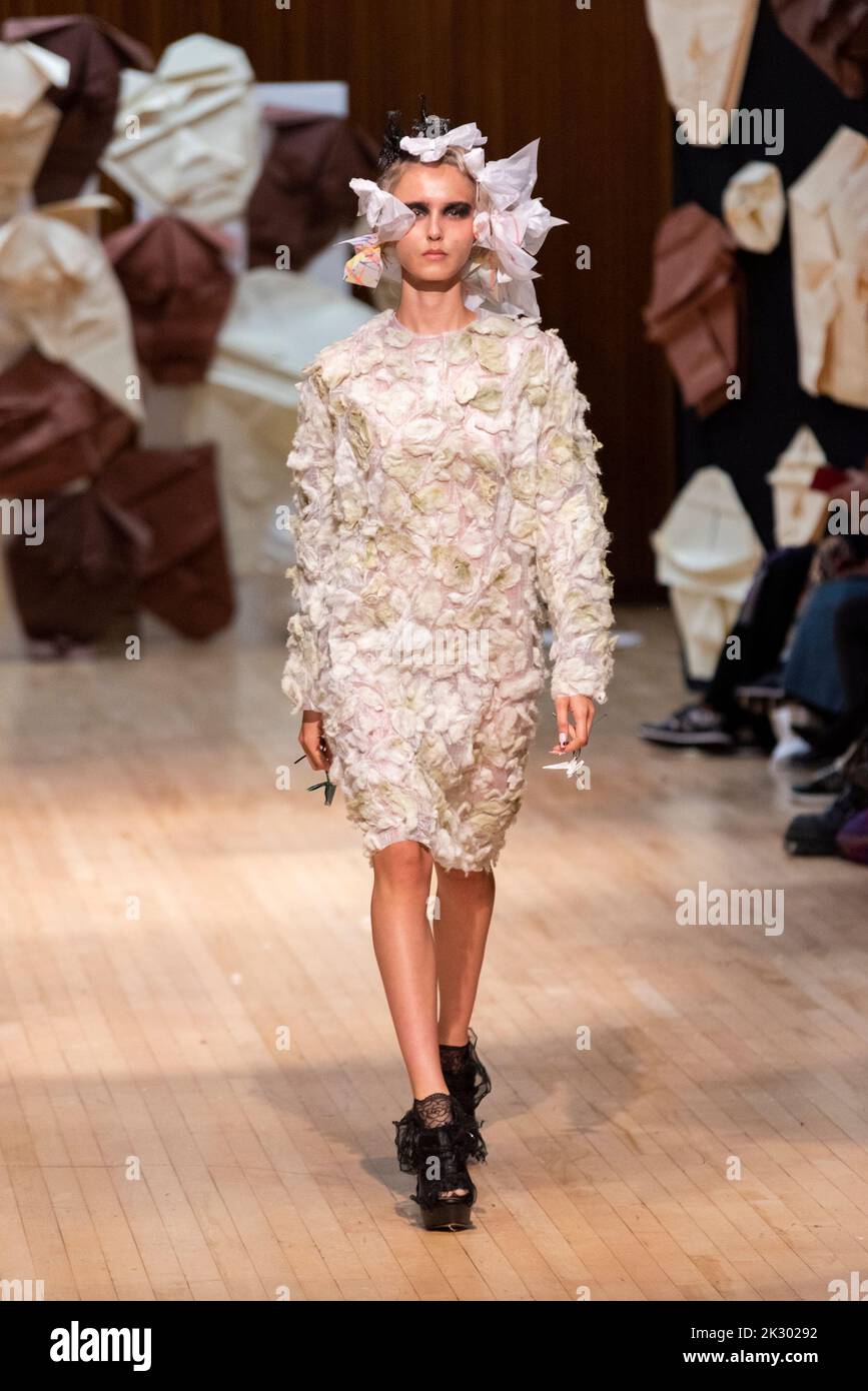 Model, modelling on catwalk for VIN+OMI 'Opinions' show for London Fashion Week 2022. Recycled materials. Sustainable fashion. Stock Photo