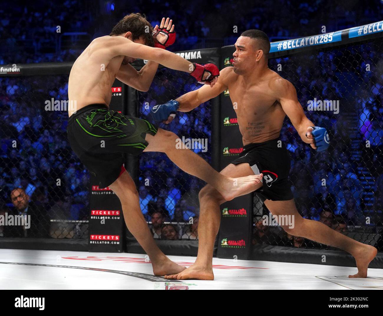 Ciaran Clarke (left) and Georges Sasu in action during their Featherweight bout during Bellator 385 at the 3 Arena, Dublin. Picture date: Friday September 23, 2022. Stock Photo