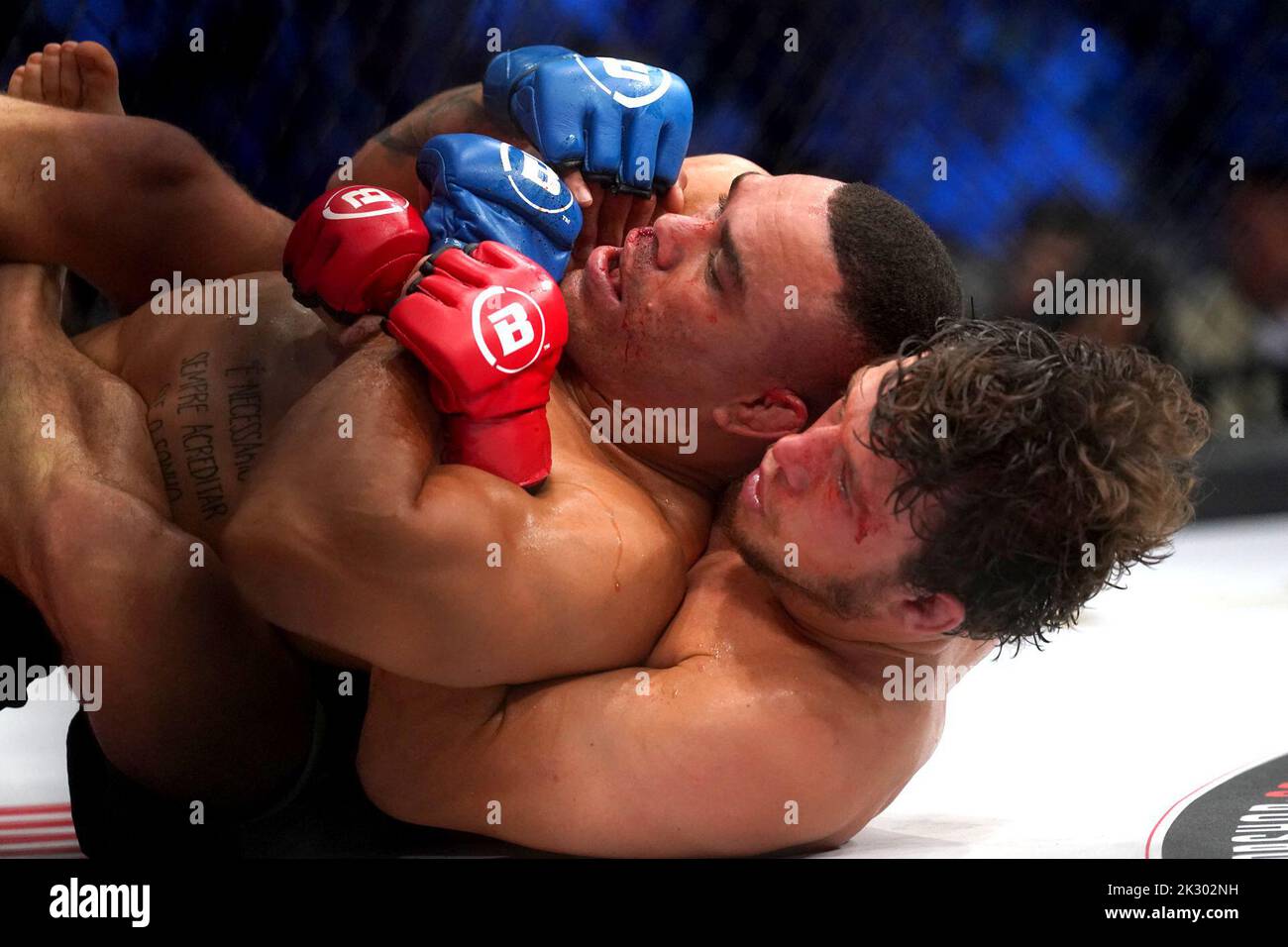 Ciaran Clarke (right) and Georges Sasu in action during their Featherweight bout during Bellator 385 at the 3 Arena, Dublin. Picture date: Friday September 23, 2022. Stock Photo