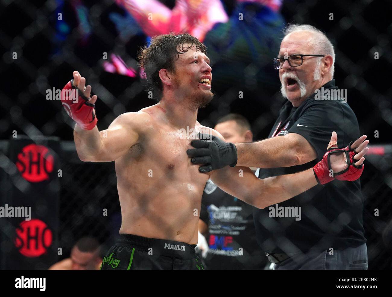 Ciaran Clarke celebrates beating Georges Sasu after their Featherweight bout during Bellator 385 at the 3 Arena, Dublin. Picture date: Friday September 23, 2022. Stock Photo