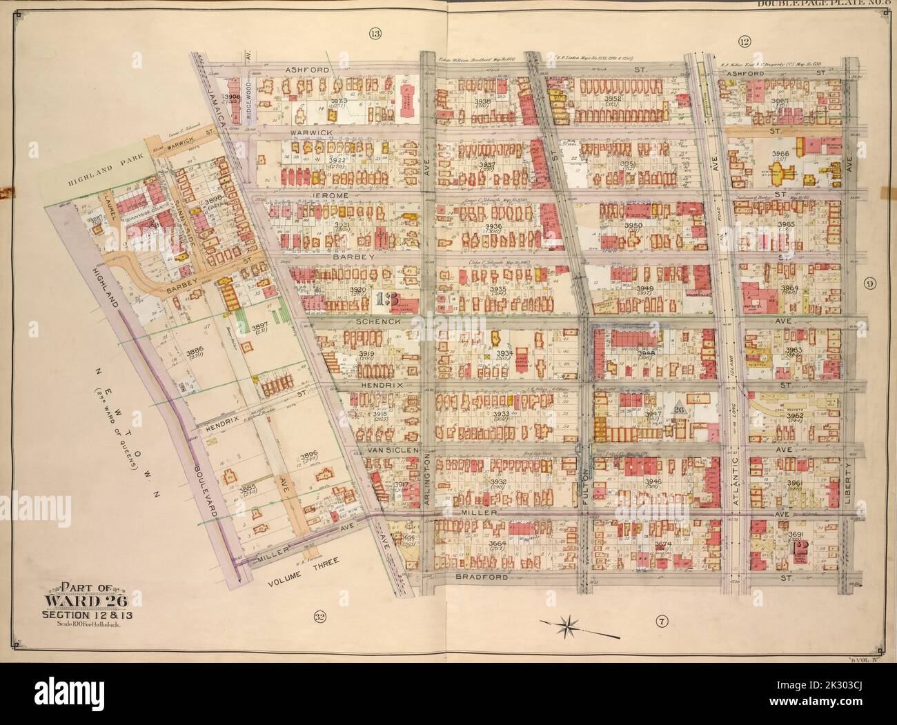 E.B. Hyde & Co.. Cartographic, Maps. 1905. Lionel Pincus and Princess Firyal Map Division. Brooklyn (New York, N.Y.) , Maps, Real property , New York (State) , New York Brooklyn, Vol. 4, Double Page Plate No. 8; Part of Ward 26; Sections 12 & 13; Map bounded by Ashford St., Liberty Ave., Bradford St., Jamaica Ave.; Including Miller Ave., Highland Blvd., Warwick St. Stock Photo