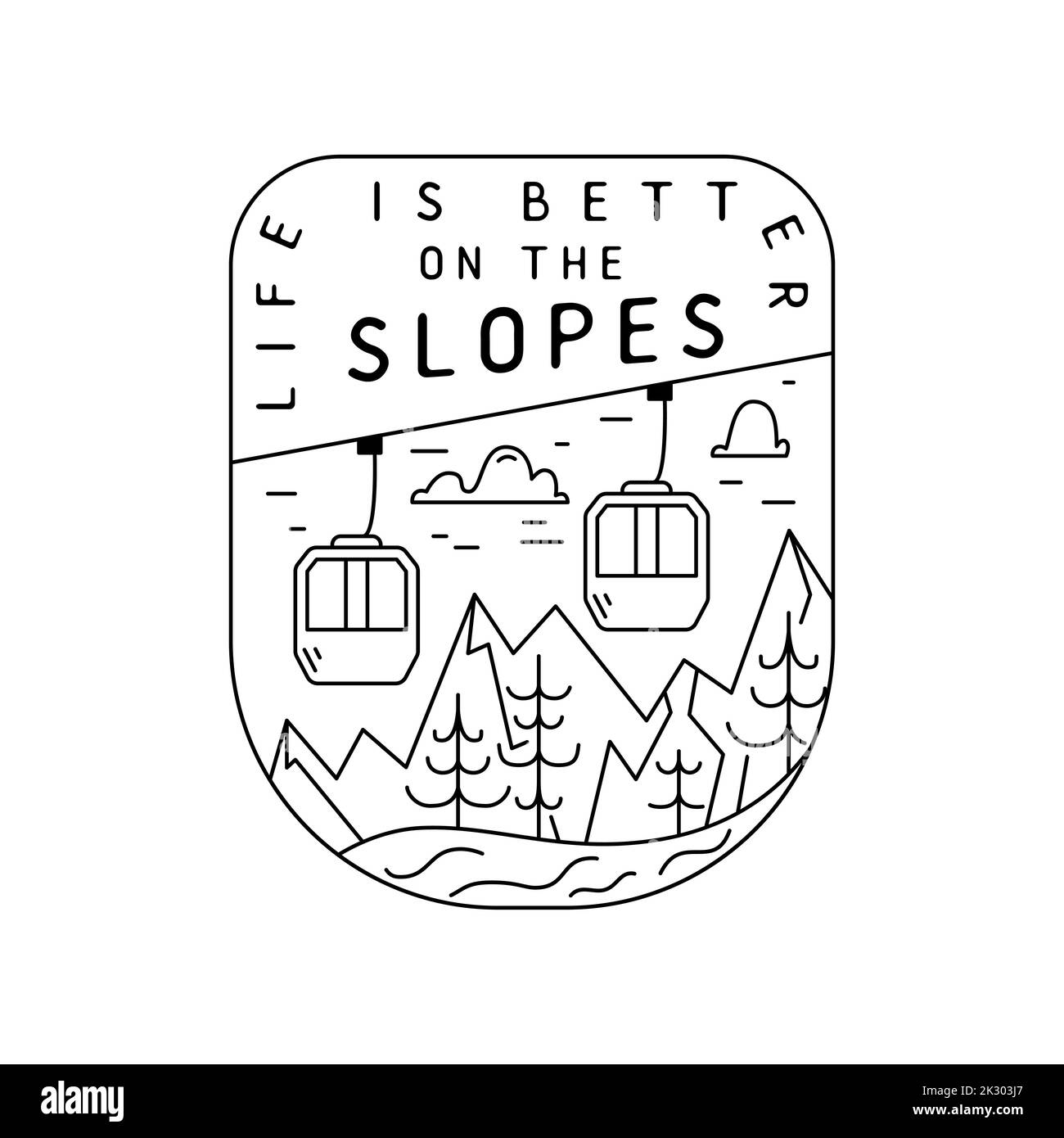 Mountain Camping christmas badge design with RV trailer in line art