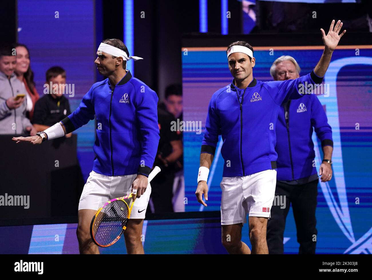 Team Europe's Rafael Nadal (left) and Roger Federer walk out to start their match on day one of the Laver Cup at the O2 Arena, London. Picture date: Friday September 23, 2022. Stock Photo