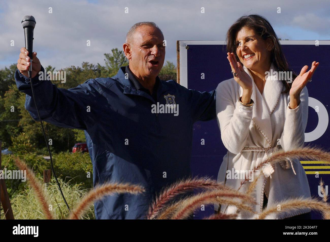 Republican candidate for the U.S. Senate Don Bolduc is joined at a campaign stop by former U.S. Ambassador to the United Nations Nikki Haley, who recently endorsed Bolduc, in Hollis, New Hampshire, U.S., September 23, 2022.  REUTERS/Brian Snyder Stock Photo
