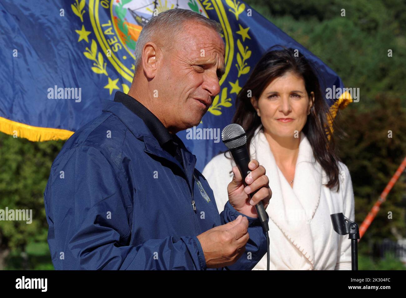 Republican candidate for the U.S. Senate Don Bolduc is joined at a campaign stop by former U.S. Ambassador to the United Nations Nikki Haley, who recently endorsed Bolduc, in Hollis, New Hampshire, U.S., September 23, 2022. REUTERS/Brian Snyder Stock Photo