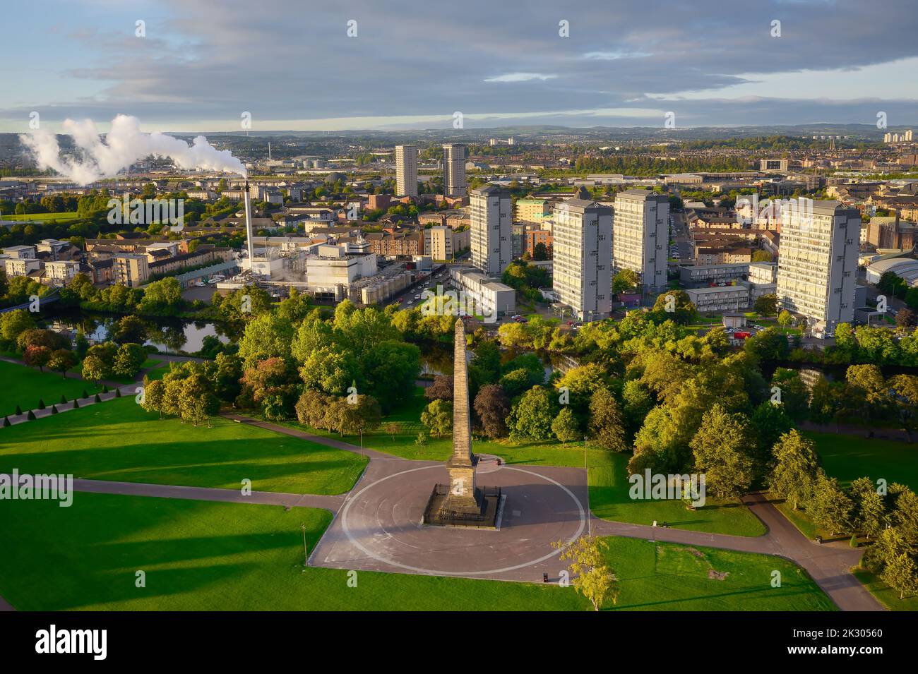 Aerial view of the Nelsons Monument in Glasgow Green, Scotland Stock