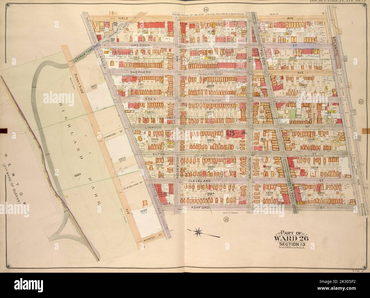 E.B. Hyde & Co.. Cartographic, Maps. 1905. Lionel Pincus and Princess Firyal Map Division. Brooklyn (New York, N.Y.) , Maps, Real property , New York (State) , New York Brooklyn, Vol. 4, Double Page Plate No. 13; Part of Ward 26; Sections 13; Map bounded by Hale Ave., Atlantic Ave., Ashford St.; Including Jamaica Ave., Warwick St., Sunnyside Ave. Stock Photo