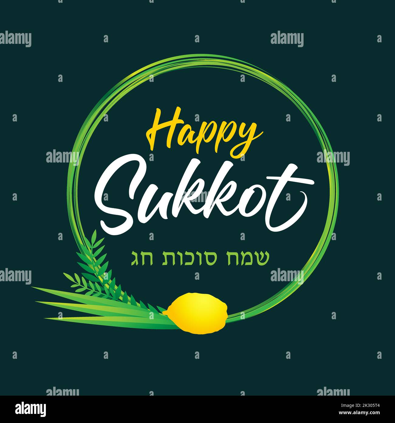 Happy Sukkot lulav and round wreath on green. Jewish Holiday card with vector hand drawn design etrog, lulav, hadas, arava and decoration frame Stock Vector