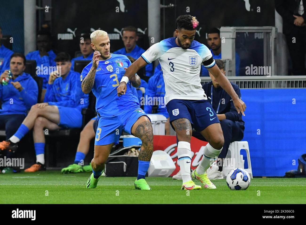 Milan, Italy. 23rd Sep, 2022. Stadio Giuseppe Meazza, Milano, Italy. 23rd Sep, 2022. European Nations league 2022 football, Italy versus England; Federico Dimarco of Italy and Reece James of England Credit: Action Plus Sports/Alamy Live News Credit: Action Plus Sports Images/Alamy Live News Stock Photo