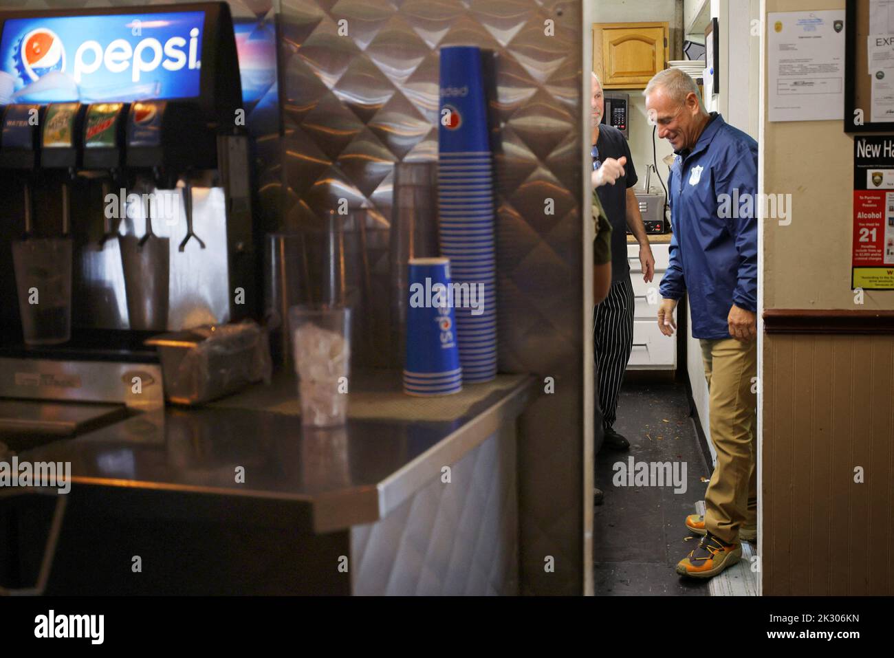 Republican candidate for the U.S. Senate Don Bolduc arrives for a campaign stop at Poor Boy's Family Diner in Londonderry, New Hampshire, U.S., September 23, 2022.     REUTERS/Brian Snyder Stock Photo