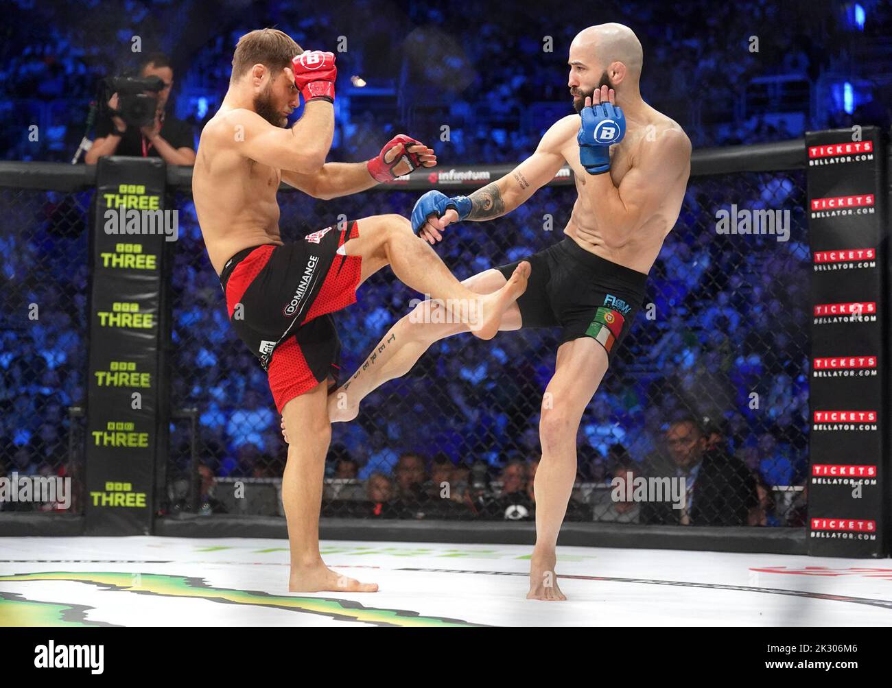 Mads Burnell (left) and Pedro Carvalho in action during their Bantamweight bout during Bellator 385 at the 3 Arena, Dublin. Picture date: Friday September 23, 2022. Stock Photo