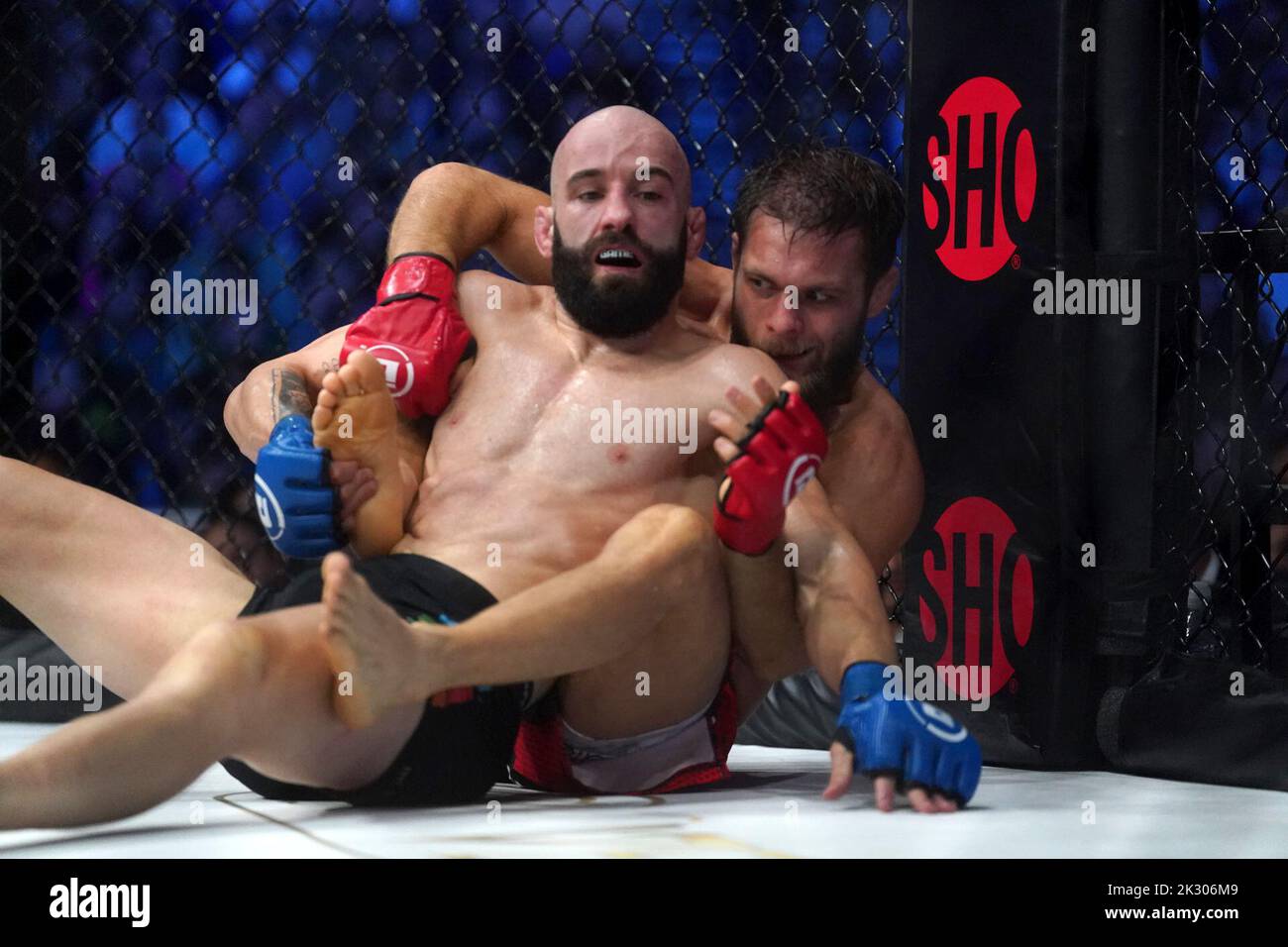 Mads Burnell (right) and Pedro Carvalho in action during their Bantamweight bout during Bellator 385 at the 3 Arena, Dublin. Picture date: Friday September 23, 2022. Stock Photo