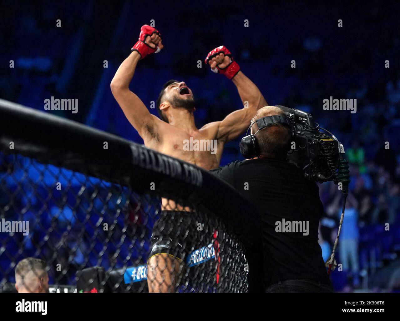 Asael Adjoudj celebrates beating Jordan Barton after their Featherweight bout during Bellator 385 at the 3 Arena, Dublin. Picture date: Friday September 23, 2022. Stock Photo