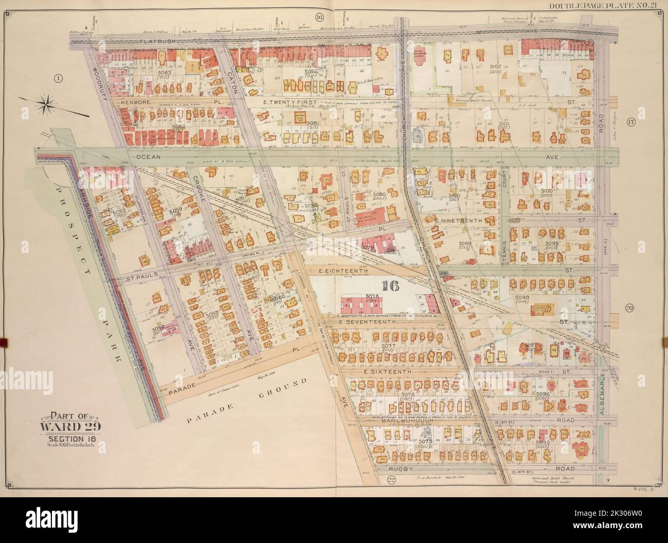 E.B. Hyde & Co.. Cartographic, Maps. 1906. Lionel Pincus and Princess Firyal Map Division. Brooklyn (New York, N.Y.) , Maps, Real property , New York (State) , New York Brooklyn, Vol. 5, Double Page Plate No. 21; Part of Ward 29, Section 16; Map bounded by Flatbush Ave., Albemarle Road (Avenue A), Rugby Road (E. 14th St.); Including Caton Ave. (Johnson Ave.), Parade Pl., Parkside Ave., Woodruff Ave. Stock Photo