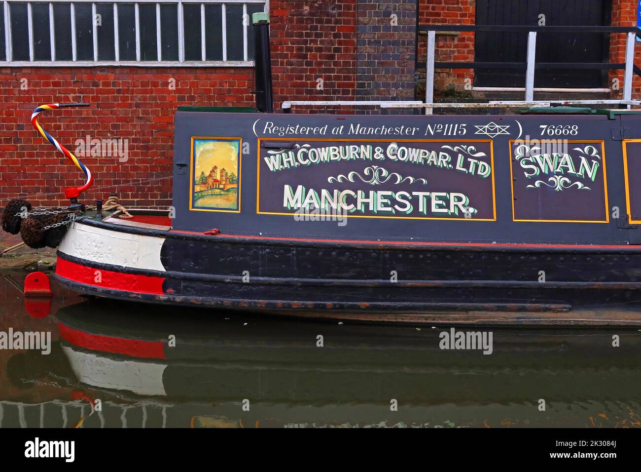 Canal narrowboat barge, Swan, WH Cowburn & Cowpar Ltd,Manchester, No1115, 76668 Stock Photo