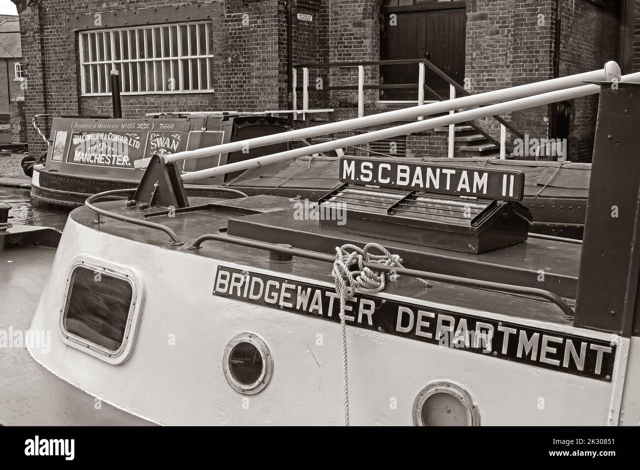 The MSC Bantam II, MSCC Bridgewater Canal maintenance department boat, Built by E.C. Jones & Son, Brentford  Lighterage tug formerly operated by MSCC Stock Photo