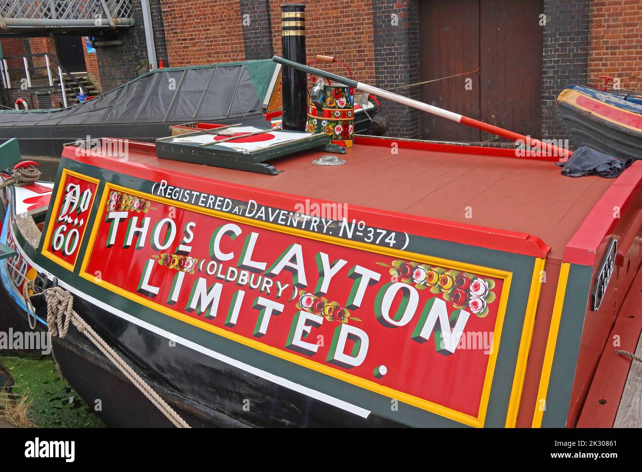 AO,60, Thos Clayton Limited, Oldbury, Registered at Daventry No 374- Narrowboats on historic English canals, Cheshire, England, UK Stock Photo