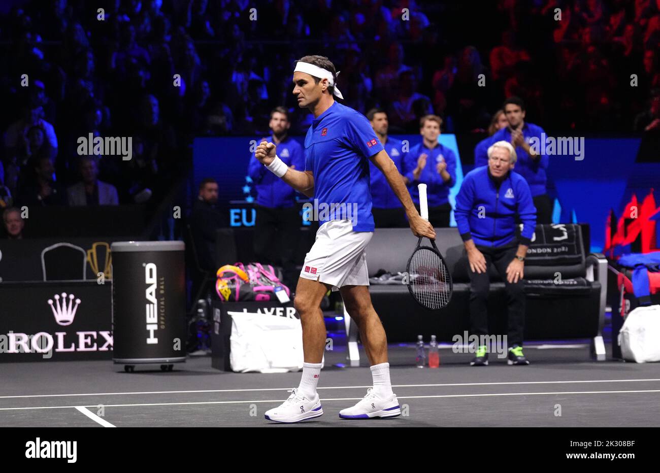 Team Europe's Roger Federer reacts during their match against Team World's Jack Sock and Frances Tiafoe on day one of the Laver Cup at the O2 Arena, London. Picture date: Friday September 23, 2022. Stock Photo