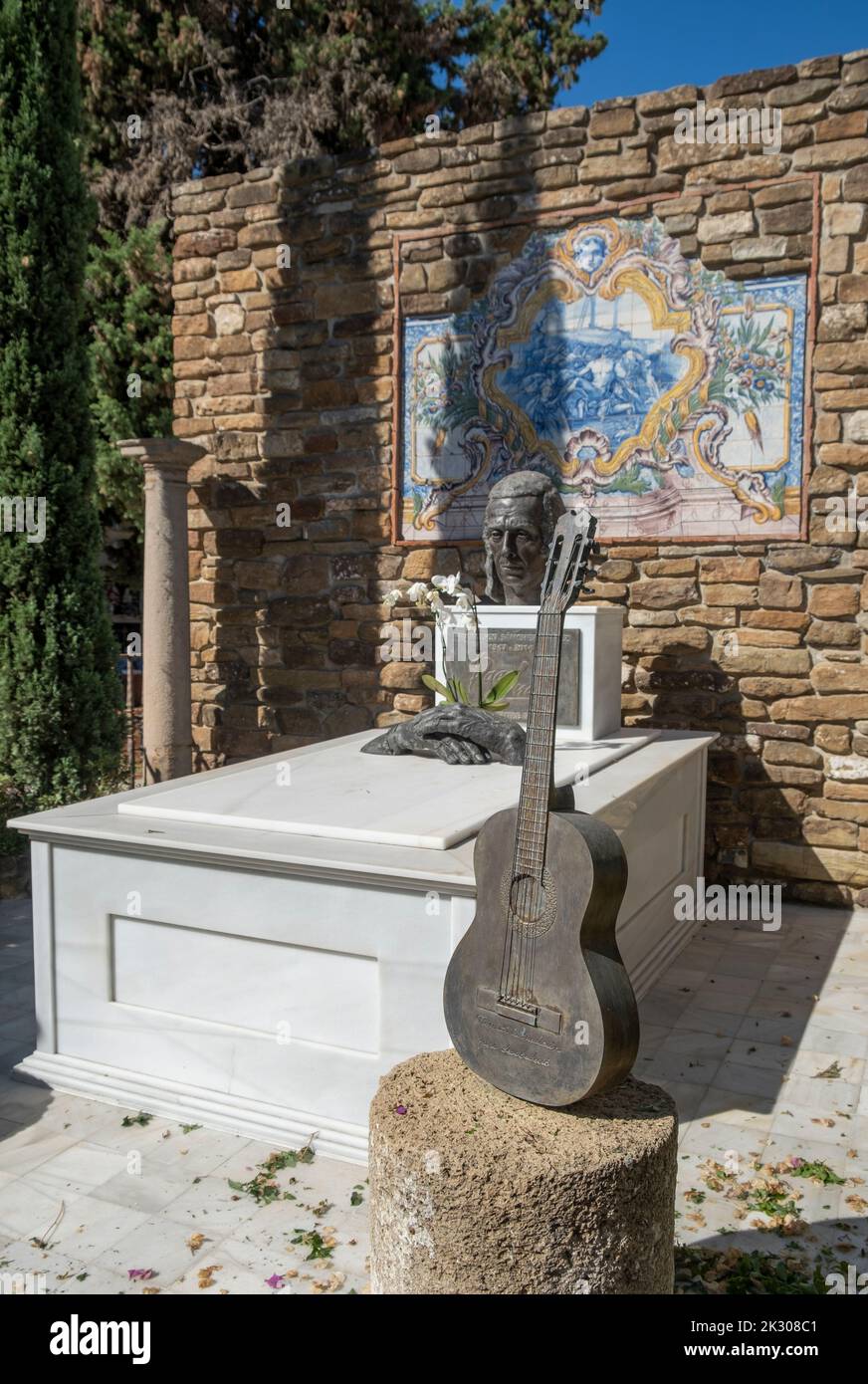 The tomb of Paco De Lucia, the Spanish virtuoso flamenco guitarist, composer and record producer, at the old cemetery in Algeciras, Spain. Stock Photo