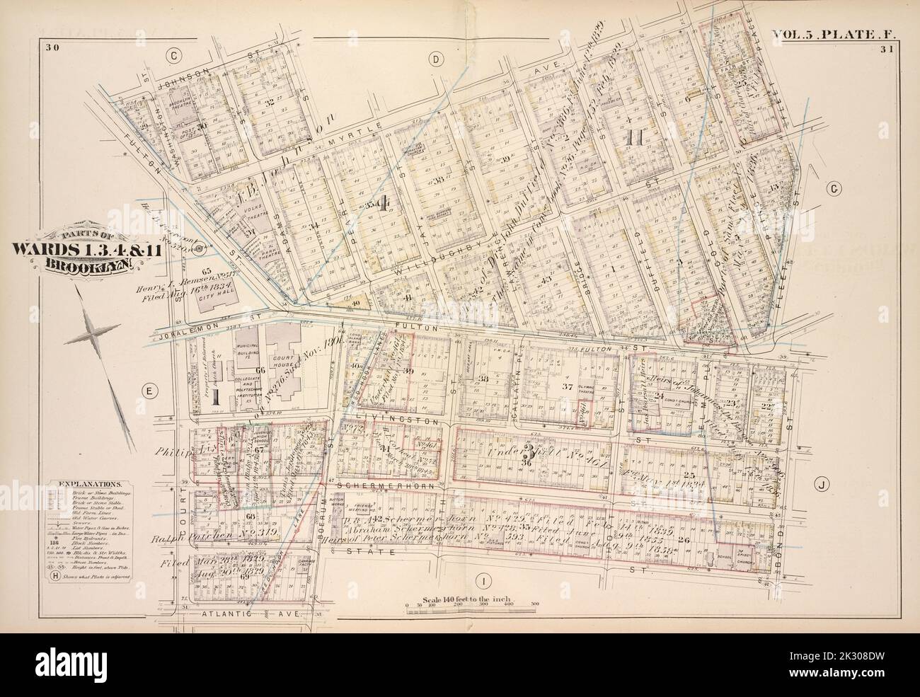 Cartographic, Maps. 1880. Lionel Pincus and Princess Firyal Map Division. Brooklyn (New York, N.Y.), Real property , New York (State) , New York Vol. 5. Plate, F. Map bound by Johnson St., Pearl St., Myrtle Ave., Fleet Place, Fleet St., Bond St., State St., Boerum St., Atlantic Ave., Court St., Fulton St.; Including Fair St., Willoughby St., Livingston St., Schermerhorn St., Washington St., Adams St., Jay St., Smith St., Lawrence St., Gallatin Pl., Bridge St., Hoyt St., Duffield St., Elm St., Gold St., Prince St. Stock Photo