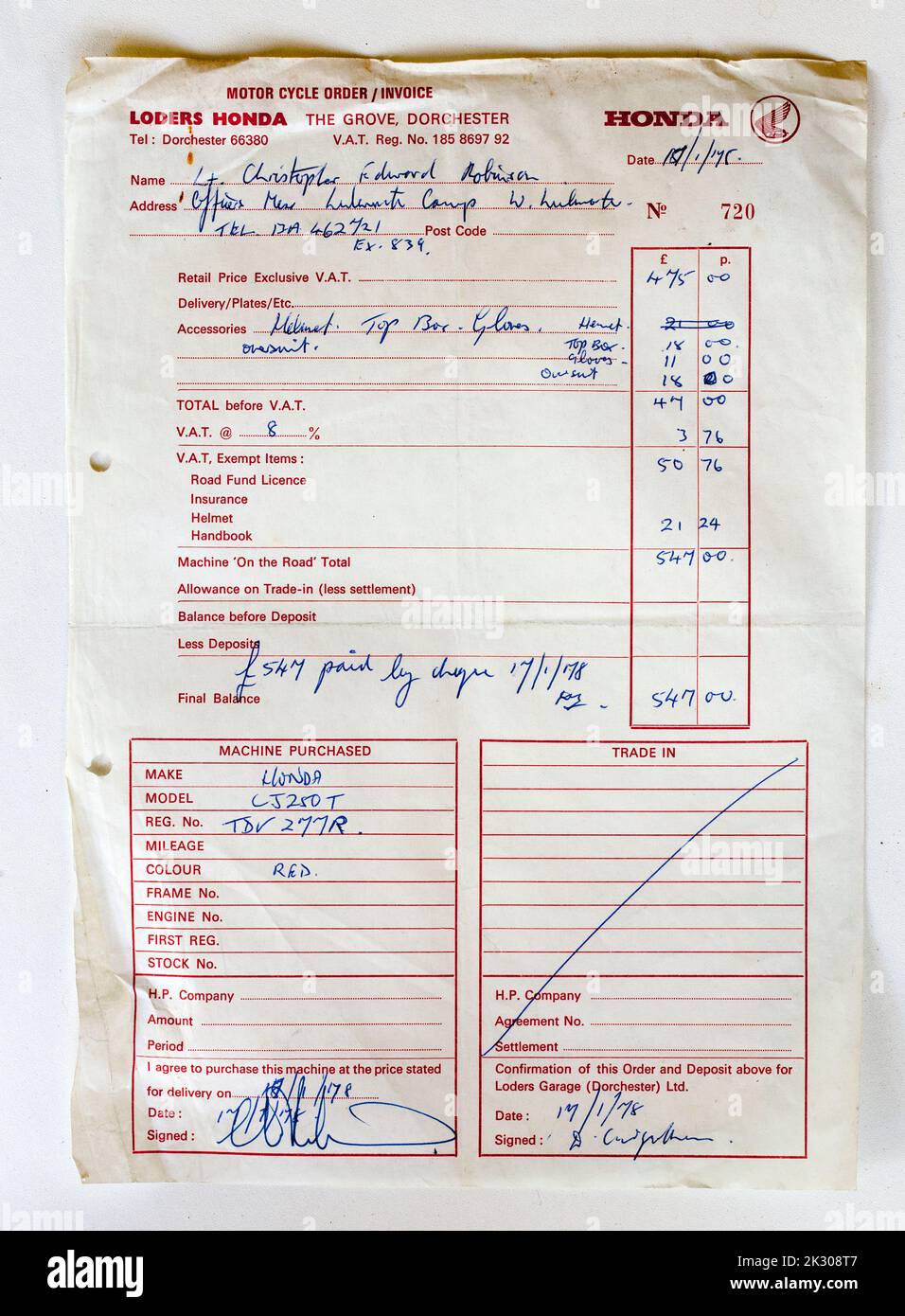 old 1970s Sales Receipt for Honda CJ250T Motorcycle Stock Photo