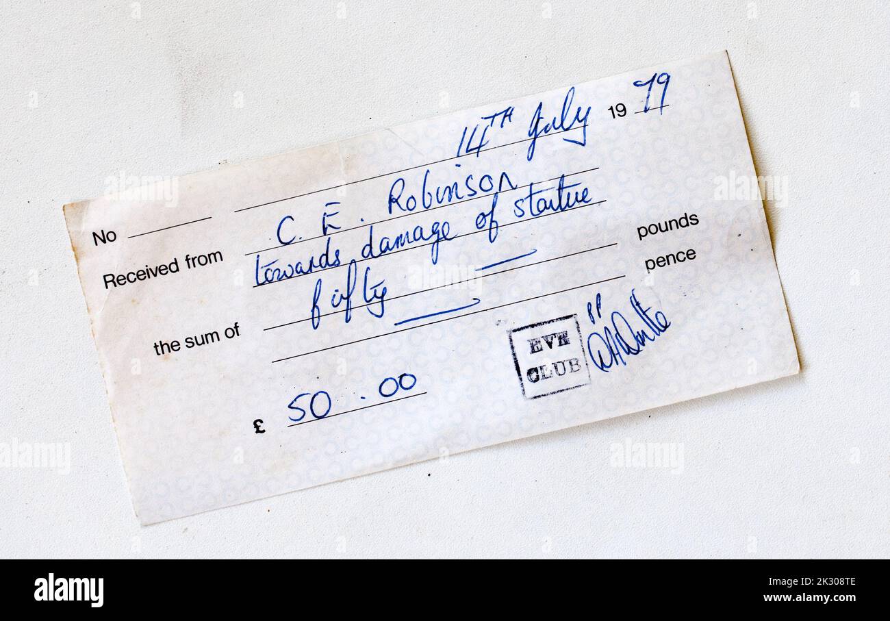 Old 1970s Damage Bill from The Eve Club Stock Photo