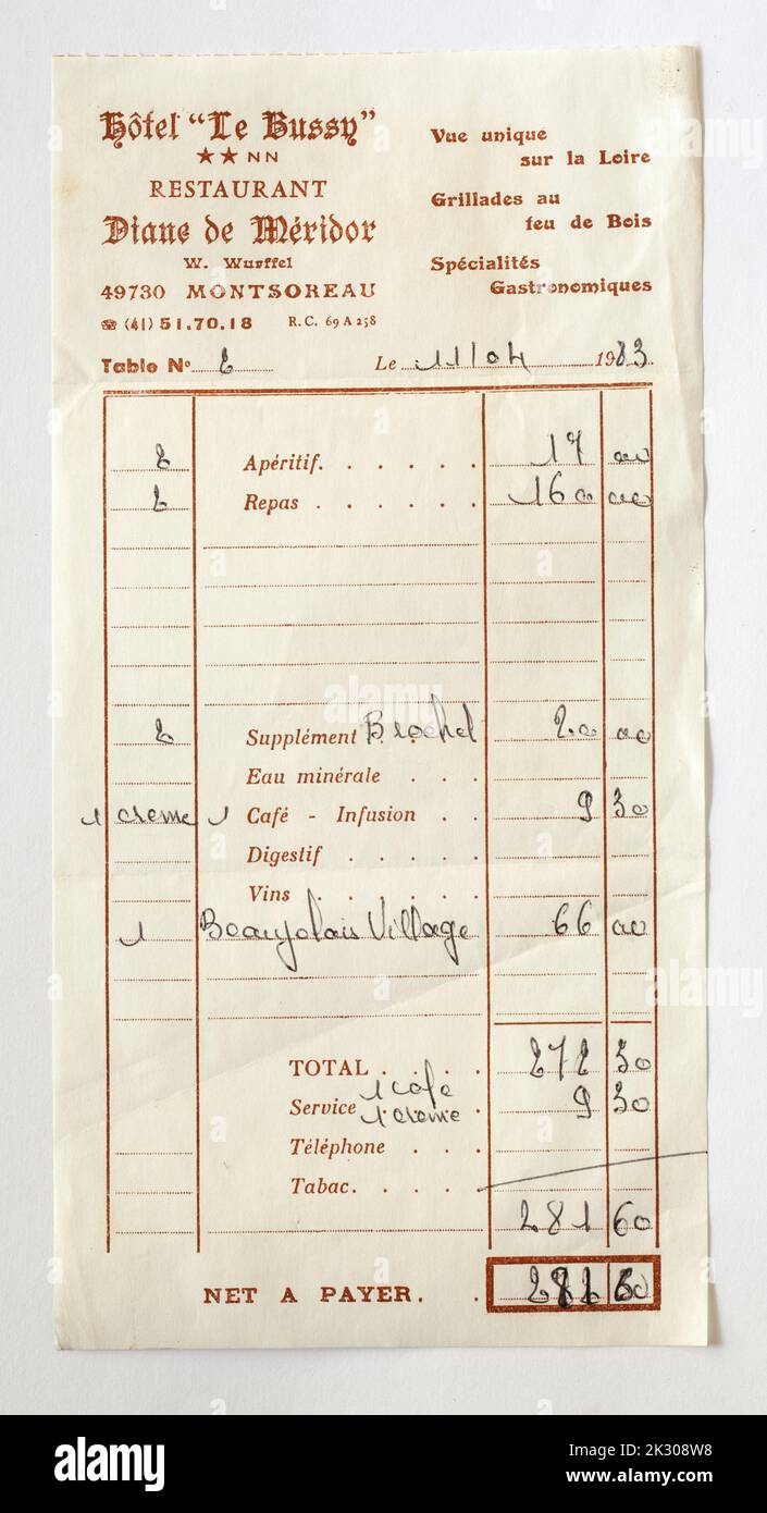 Old French Hotel Restaurant Bill Stock Photo Alamy