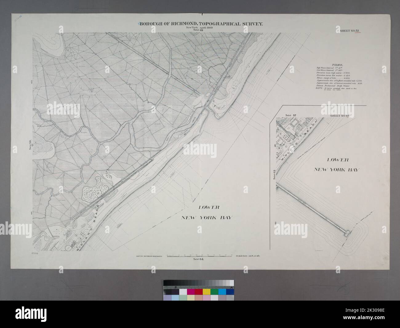 Cartographic, Maps, Topographic maps. 1906 - 1913. Lionel Pincus and Princess Firyal Map Division. Staten Island (New York, N.Y.) Sheet Nos. 57 & 64. Sheet 57. Covers Midland Beach from Sea View Avenue to Poppy Joe Island. - Sheet No. 64. Includes part of Midland Beach and Lower New York bay. Borough of Richmond, Topographical Survey. Stock Photo