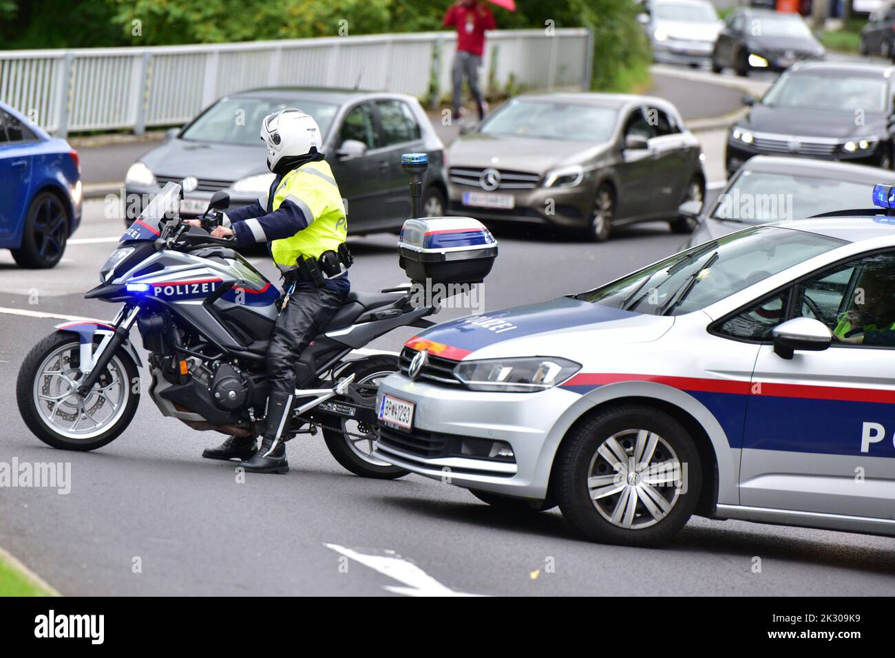 Police motorcycle on duty in Linz, Austria Stock Photo