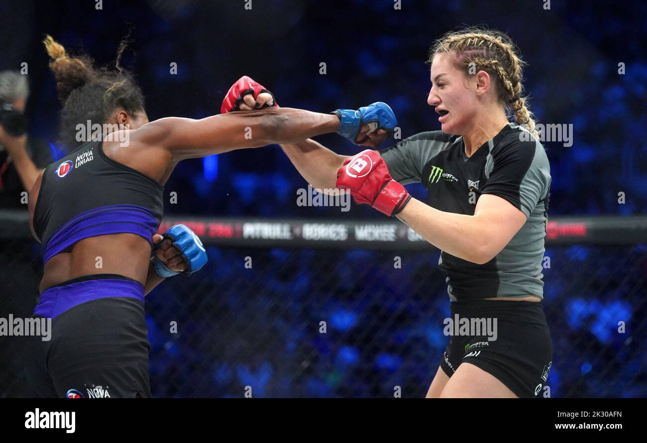 Leah McCourt (right) and Dayana Silva in action during their Featherweight bout during Bellator 385 at the 3 Arena, Dublin. Picture date: Friday September 23, 2022. Stock Photo