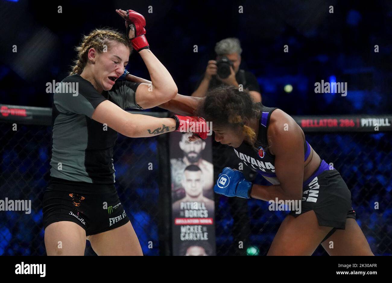 Leah McCourt (left) and Dayana Silva in action during their Featherweight bout during Bellator 385 at the 3 Arena, Dublin. Picture date: Friday September 23, 2022. Stock Photo