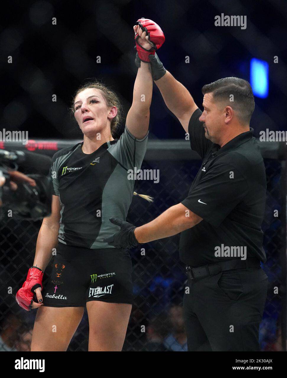 Leah McCourt celebrates beating Dayana Silva during their Featherweight bout during Bellator 385 at the 3 Arena, Dublin. Picture date: Friday September 23, 2022. Stock Photo