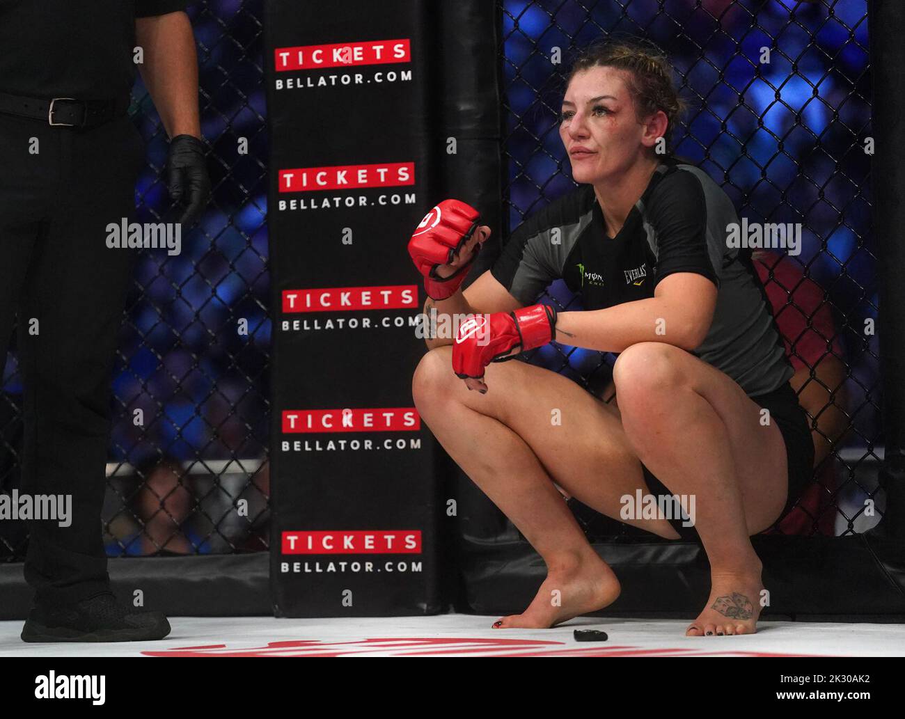 Leah McCourt celebrates beating Dayana Silva during their Featherweight bout during Bellator 385 at the 3 Arena, Dublin. Picture date: Friday September 23, 2022. Stock Photo