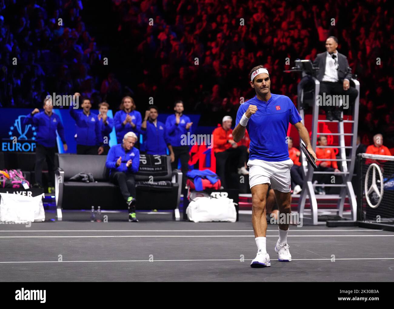 Team Europe's Roger Federer reacts during their match with Team World's Jack Sock and Frances Tiafoe on day one of the Laver Cup at the O2 Arena, London. Picture date: Friday September 23, 2022. Stock Photo